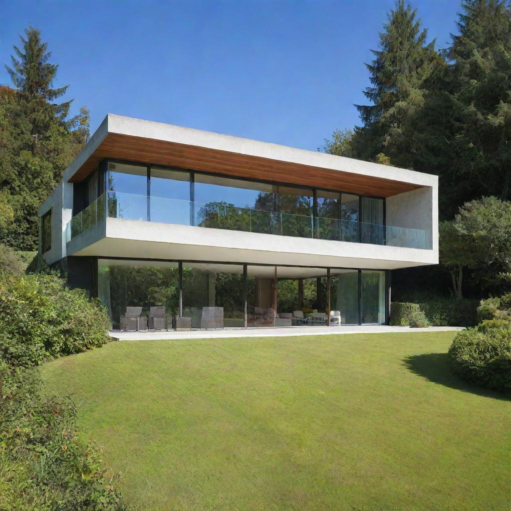 A beautiful modern house nestled in a lush green environment during a sunny day with clear blue skies.