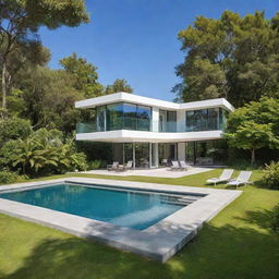 A beautiful modern house nestled in a lush green environment during a sunny day with clear blue skies.