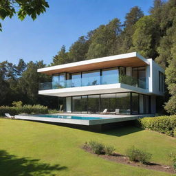 A beautiful modern house nestled in a lush green environment during a sunny day with clear blue skies.