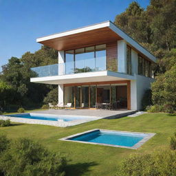 A beautiful modern house nestled in a lush green environment during a sunny day with clear blue skies.