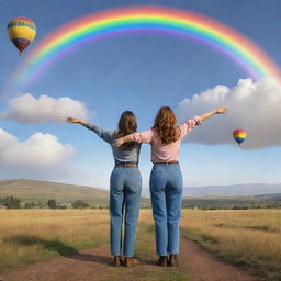 Two women in pants standing in a prairie gazing towards a grand rainbow in the sky, with open arms. The backdrop is a Pixar-style landscape with mountains and hot air balloons.