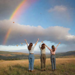 Two women in pants standing in a prairie gazing towards a grand rainbow in the sky, with open arms. The backdrop is a Pixar-style landscape with mountains and hot air balloons.