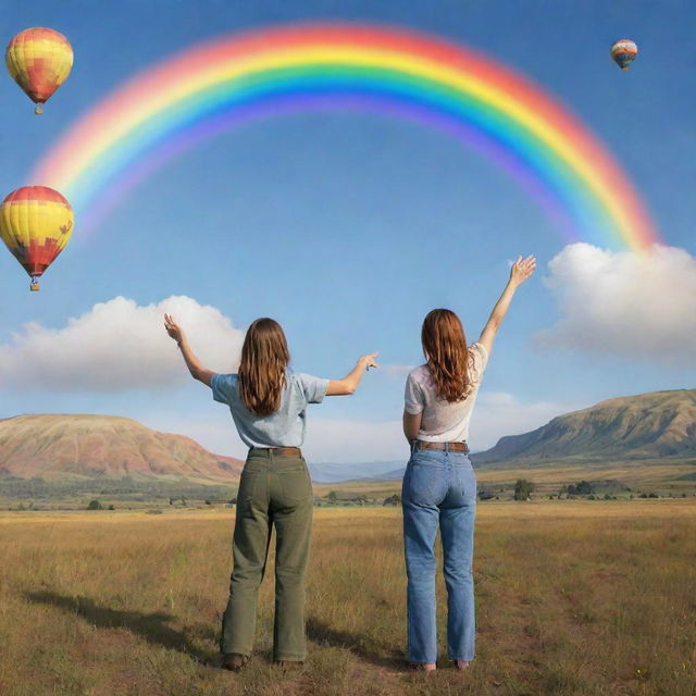 Two women in pants standing in a prairie gazing towards a grand rainbow in the sky, with open arms. The backdrop is a Pixar-style landscape with mountains and hot air balloons.