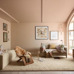 A cozy and comfortable living room with modern furniture, soft lighting, a plush area rug, pastel-colored walls, and personal touches of family photos and art.