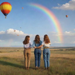 Two women in pants standing in a prairie gazing towards a grand rainbow in the sky, with open arms. The backdrop is a Pixar-style landscape with mountains and hot air balloons.