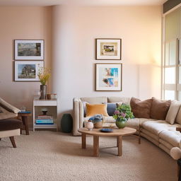 A cozy and comfortable living room with modern furniture, soft lighting, a plush area rug, pastel-colored walls, and personal touches of family photos and art.