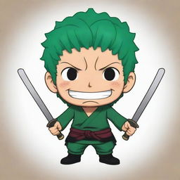 A chibi version of Zoro from One Piece. He's smiling and posing with his three swords.