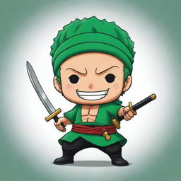 A chibi version of Zoro from One Piece. He's smiling and posing with his three swords.