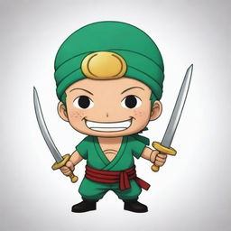 A chibi version of Zoro from One Piece. He's smiling and posing with his three swords.