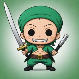 A chibi version of Zoro from One Piece. He's smiling and posing with his three swords.