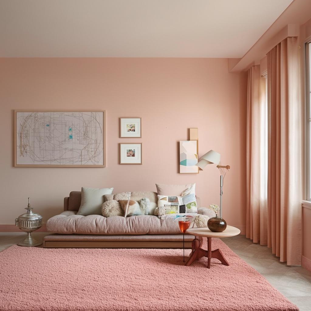 A cozy and comfortable living room with modern furniture, soft lighting, a plush area rug, pastel-colored walls, and personal touches of family photos and art.