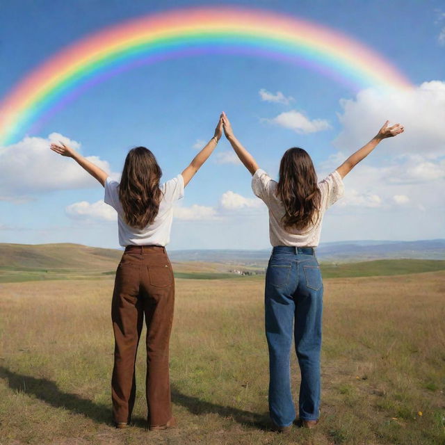 Two women with long, dark brown hair and pants standing with open arms, looking at the sky in a prairie. The backdrop is a Pixar-style landscape with huge colorful rainbows, mountains, and hot air balloons.