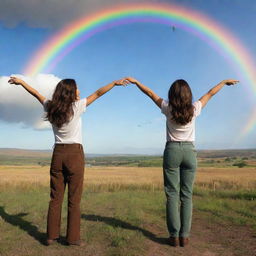 Two women with long, dark brown hair and pants standing with open arms, looking at the sky in a prairie. The backdrop is a Pixar-style landscape with huge colorful rainbows, mountains, and hot air balloons.