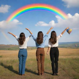 Two women with long, dark brown hair and pants standing with open arms, looking at the sky in a prairie. The backdrop is a Pixar-style landscape with huge colorful rainbows, mountains, and hot air balloons.