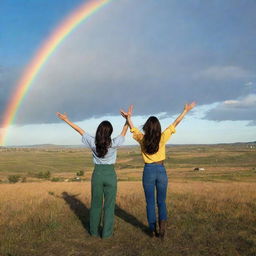 Two women with long, dark brown hair and pants standing with open arms, looking at the sky in a prairie. The backdrop is a Pixar-style landscape with huge colorful rainbows, mountains, and hot air balloons.