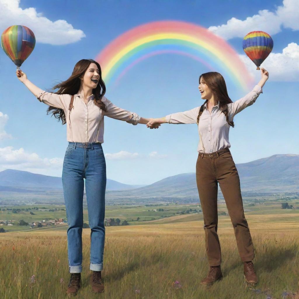 Two women with long, dark brown hair in trousers, standing on a prairie with their arms wide open, gazing towards the sky. A large rainbow, mountains, and hot air balloons fill the background, all in anime style.