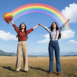 Two women with long, dark brown hair in trousers, standing on a prairie with their arms wide open, gazing towards the sky. A large rainbow, mountains, and hot air balloons fill the background, all in anime style.