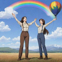 Two women with long, dark brown hair in trousers, standing on a prairie with their arms wide open, gazing towards the sky. A large rainbow, mountains, and hot air balloons fill the background, all in anime style.