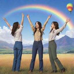 Two women with long, dark brown hair in trousers, standing on a prairie with their arms wide open, gazing towards the sky. A large rainbow, mountains, and hot air balloons fill the background, all in anime style.