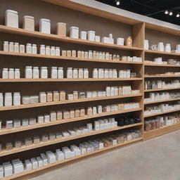 A diverse gallery of various popular products displayed aesthetically on shelves in a modern store.