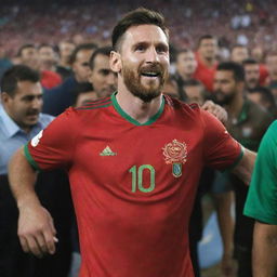 Lionel Messi, the world-renowned footballer, draped in the vibrant red and green jersey of the Moroccan national team, emblazoned with the team's crest and posing in the midst of a thrilled crowd.