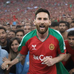 Lionel Messi, the world-renowned footballer, draped in the vibrant red and green jersey of the Moroccan national team, emblazoned with the team's crest and posing in the midst of a thrilled crowd.