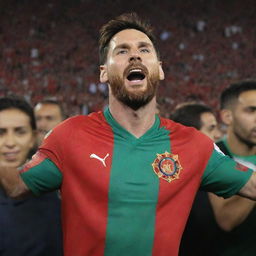 Lionel Messi, the world-renowned footballer, draped in the vibrant red and green jersey of the Moroccan national team, emblazoned with the team's crest and posing in the midst of a thrilled crowd.