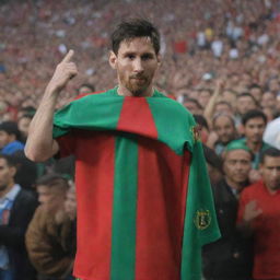 Lionel Messi, the world-renowned footballer, draped in the vibrant red and green jersey of the Moroccan national team, emblazoned with the team's crest and posing in the midst of a thrilled crowd.