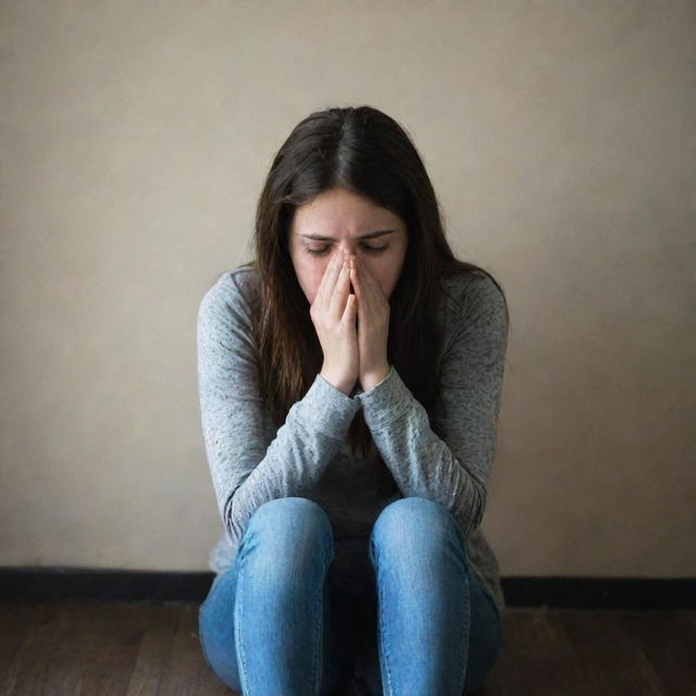 A teenage girl sitting alone in a gloomy room, her face hidden in her hands portraying deep depression.