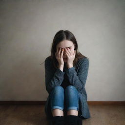 A teenage girl sitting alone in a gloomy room, her face hidden in her hands portraying deep depression.