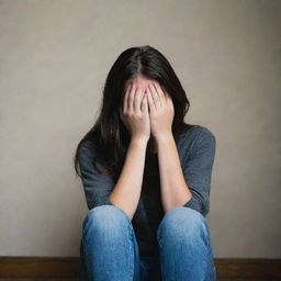 A teenage girl sitting alone in a gloomy room, her face hidden in her hands portraying deep depression.