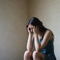 A teenage girl sitting alone in a gloomy room, her face hidden in her hands portraying deep depression.