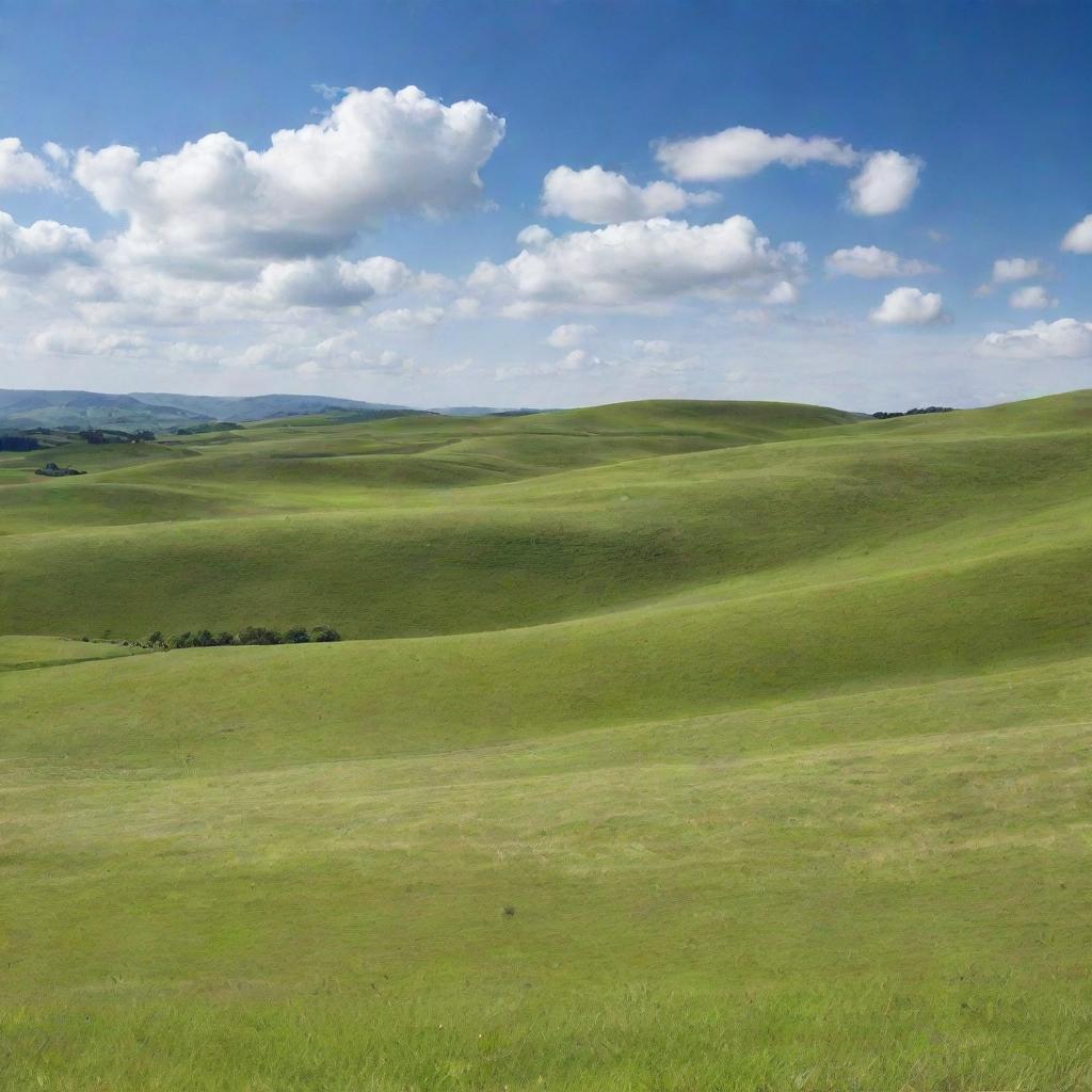 A peaceful landscape with rolling green hills under a clear blue sky, with a handful of white, fluffy clouds.