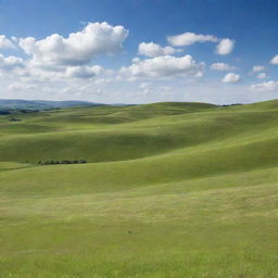 A peaceful landscape with rolling green hills under a clear blue sky, with a handful of white, fluffy clouds.