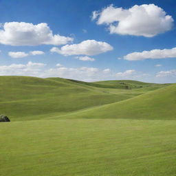 A peaceful landscape with rolling green hills under a clear blue sky, with a handful of white, fluffy clouds.