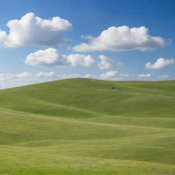 A peaceful landscape with rolling green hills under a clear blue sky, with a handful of white, fluffy clouds.