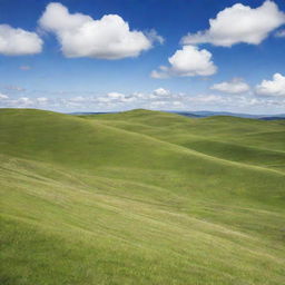 A peaceful landscape with rolling green hills under a clear blue sky, with a handful of white, fluffy clouds.