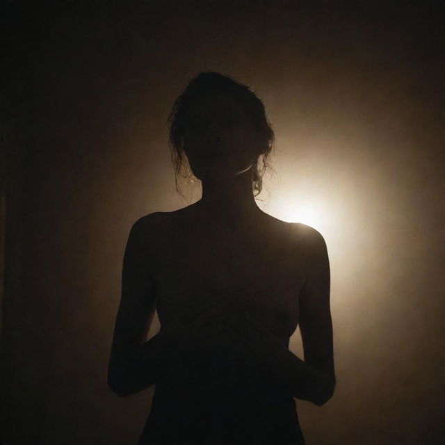 A woman alone in a dark room with an uncontrollable light emanating from her chest.