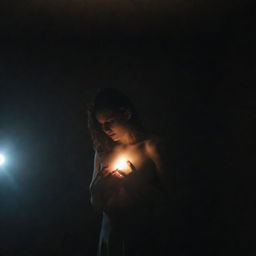 A woman alone in a dark room with an uncontrollable light emanating from her chest.