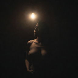 A woman alone in a dark room with an uncontrollable light emanating from her chest.