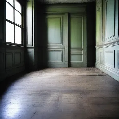 In the eerie darkness of the haunted house, the lightwood floorboards creaked under the weight of an unseen presence.
