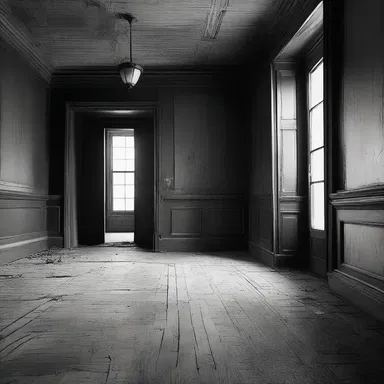 In the eerie darkness of the haunted house, the lightwood floorboards creaked under the weight of an unseen presence.