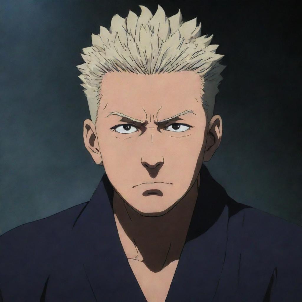 Mahoraga from Jujutsu Kaisen with a sorrowful expression in a dark, mystic environment