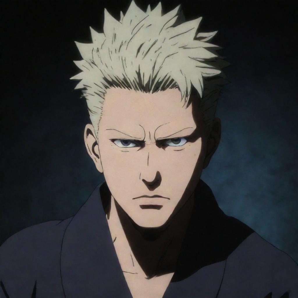 Mahoraga from Jujutsu Kaisen with a sorrowful expression in a dark, mystic environment