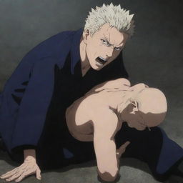 An impactful scene from the anime series – Jujutsu Kaisen. Mahoraga lies defeated, demonstrating the fierce and emotional intensity of the narrative.