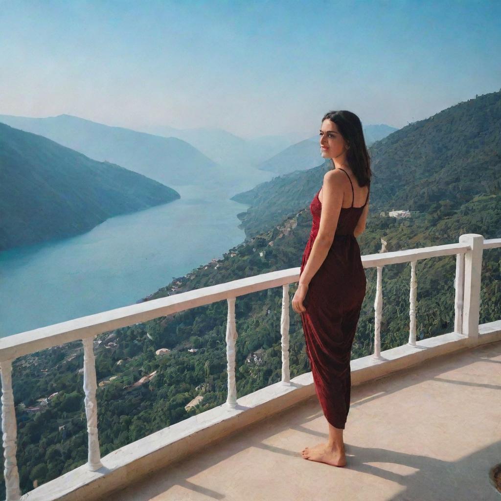 A girl named Simmi standing on a terrace during the day, looking over a breathtaking view.