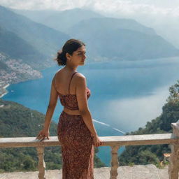 A girl named Simmi standing on a terrace during the day, looking over a breathtaking view.