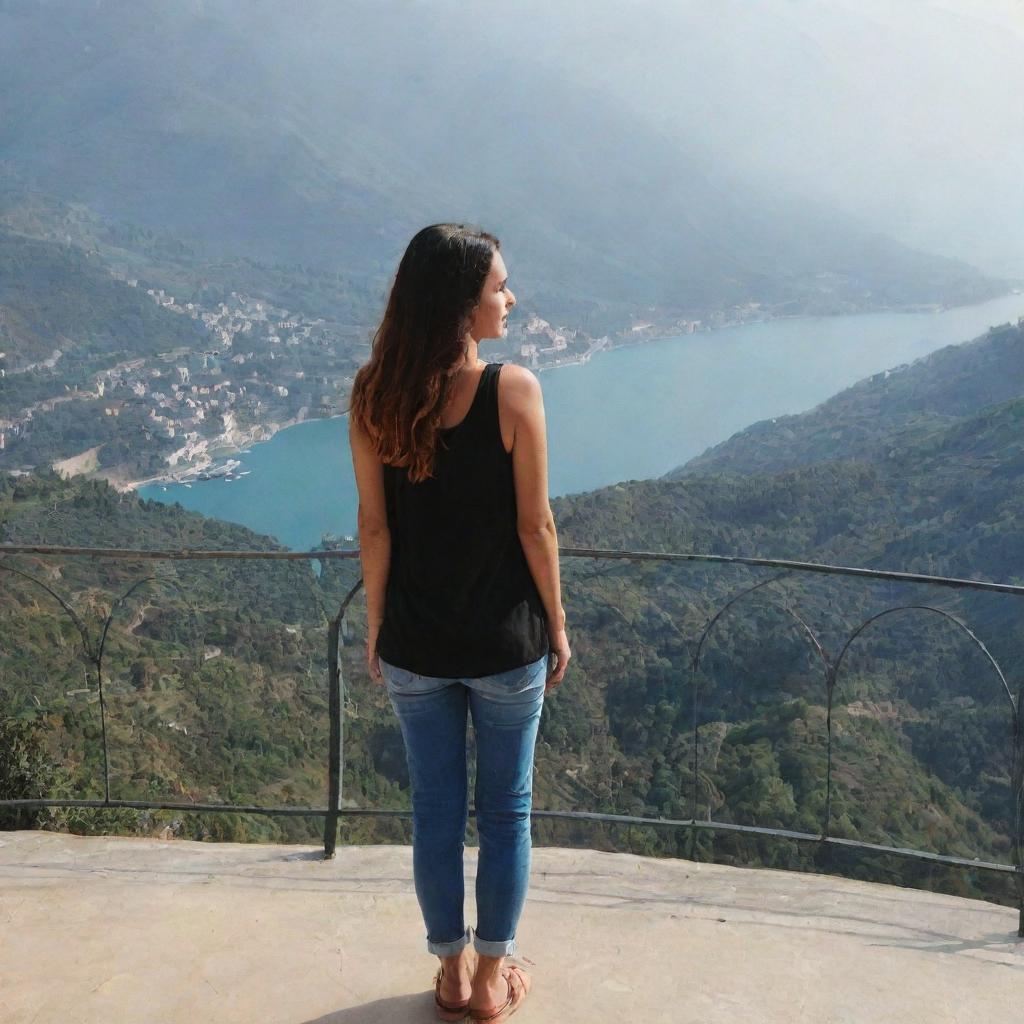 A girl named Simmi standing on a terrace during the day, looking over a breathtaking view.