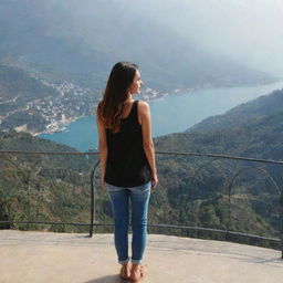 A girl named Simmi standing on a terrace during the day, looking over a breathtaking view.