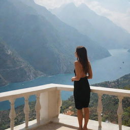 A girl named Simmi standing on a terrace during the day, looking over a breathtaking view.